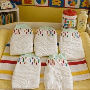 Lot of 5 New Vintage 80s Disposable Baby Diapers Crayon Print Novelty Retro RARE